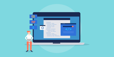 Woman software developer with laptop coding web programming language for application development using Java, CSS code concept, flat design web banner.
