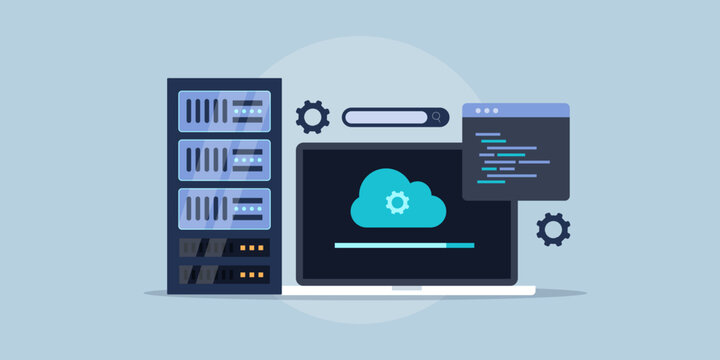 Web Hosting Service Data Centre With Cloud Data Storage Online, Software System Update Conceptual Flat Design Vector Illustration.