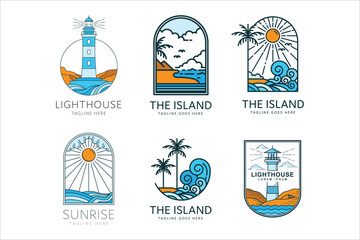 beach logo on tropical island with palm trees and sunset ocean waves, lighthouse badge vector illustration