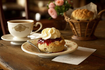 A cup of tea and scones with jam and cream on a pretty table for afternoon tea or high tea.  Generative AI.