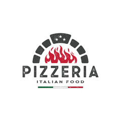 Hot brick logo that can be used for pizza company inspiration. With vintage food utensil sign. Logos for restaurants , cafes , clubs and badges. - obrazy, fototapety, plakaty