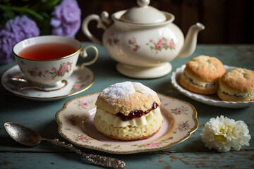 A cup of tea and scones with jam and cream on a pretty table for afternoon tea or high tea.  Generative AI.