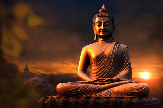 Buddha Purnima celebration, Buddha Jayanti golden color image of god gautam buddha peace of mind Generative AI