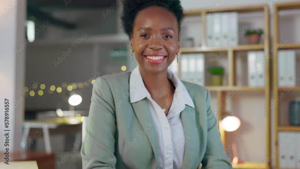 Sticker Night, smile and face of black woman in office for professional, corporate and management. Deadline, overtime and empowerment with employee at desk in agency for business, ceo and confidence