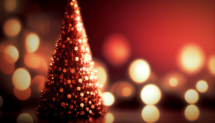 Abstract-defocused Christmas tree, defocused lights. Red color, aspect 16:9. Copy space for text. Generated by AI