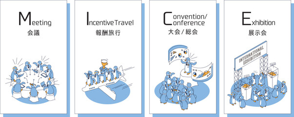 Obraz premium ビジネスイベント（MICE）展示会や国際会議、体験を可愛いペンギンで表現したメインビジュアルイラスト