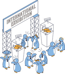 展示会で新商品を発表する可愛いペンギンのイラスト