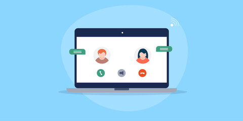 Online video conference meeting with office people on laptop screen, home office concept, flat design vector banner illustration template.