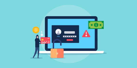Cyber-criminal hacker stealing user personal financial data banking credit card information from online system, warning hacker attack conceptual vector illustration.