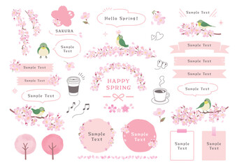 Fototapeta premium 桜の枝にとまるメジロと春のフレームデザイン素材