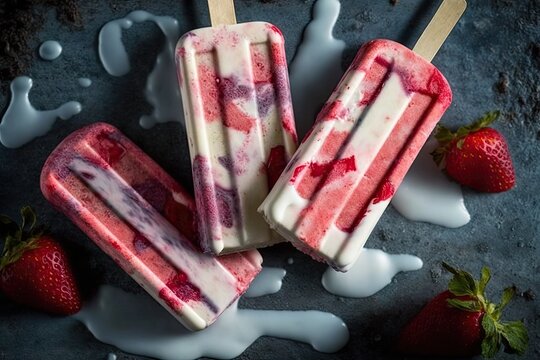 Strawberry and cream popsicles cooked at home. Generative AI
