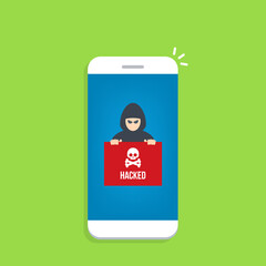 Hacker notification on mobile phone. Smartphone with hacker attack alert.