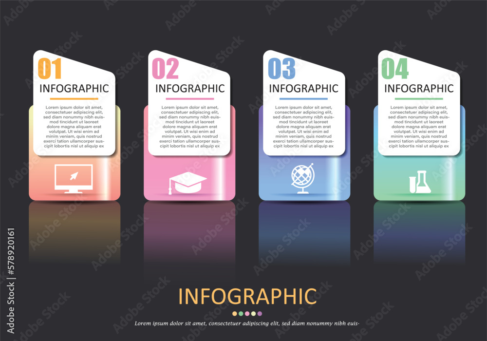 Poster vector interactive graphic with 4 text boxes on a dark gray background with reflections of the boxes