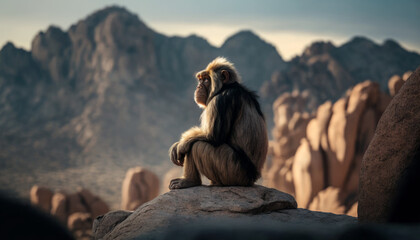 Mountain Gazer: An Ape Soaks Up the Glorious Sun from a Plateau Overlooking the Majestic Landscape Generative AI