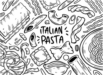 Hand drawn of pasta set in doodle style isolated on white background, Vector hand drawn pasta dish. Vector illustration