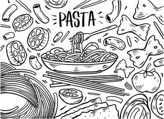 Hand drawn of pasta set in doodle style isolated on white background, Vector hand drawn pasta dish. Vector illustration