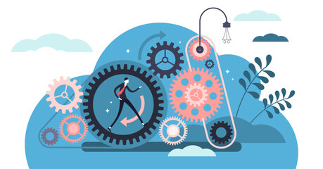 Consistent work illustration, transparent background. Flat tiny effective and quality job persons concept. Logically action pattern visualization with gear connection circle.