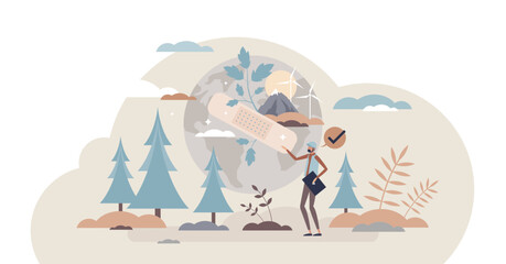 Conservationist as earth conservation and care activist tiny person concept, transparent background. Ecological help for environment and responsible social community illustration.