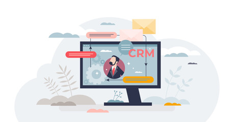 CRM system or customer relationship management software tiny person concept, transparent background. Business tool for marketing and sales database and control illustration.