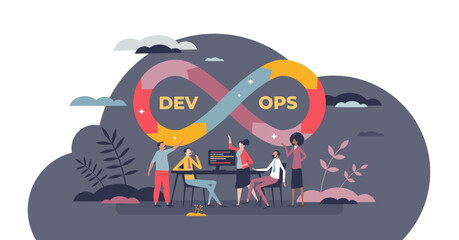 DevOps or Dev ops as software development practice tiny person concept, transparent background. Application coding or programming work framework with continuous process life cycle illustration.