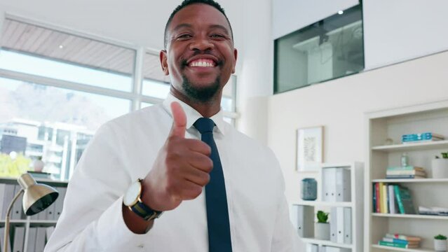 Face of business black man thumbs up for support, like or success in office management or leadership goals. Happy african worker or professional person thank you, ok or agreement hand sign or emoji