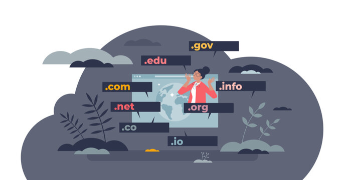 Domain name for website internet address extension tiny person concept, transparent background.WWW hosting service with various names and titles illustration.