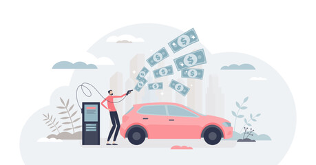 Fuel economy and expensive gasoline cost with money flow tiny person concept, transparent background.Transport gas consumption and fossil energy crisis with high prices illustration.