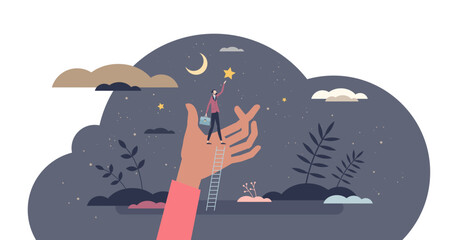 Future success and business achievement as reaching for stars tiny person concept, transparent background.Businessman motivation for career growth and development illustration. © VectorMine