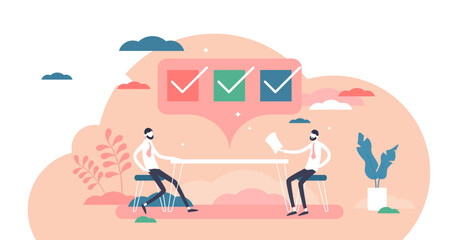Interview checklist with questions, answers illustration flat tiny person concept, transparent background.Communication method in media, press, journalism or recruitment agency.
