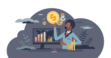 Investment manager as expert for financial strategy plans tiny person concept, transparent background. Stock market administration, inspecting and savings effective monitoring illustration.