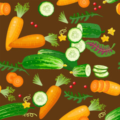 Vegetables seamless pattern of different fresh cucumber, carrot. Vector.