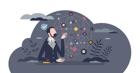 Knowledge graph with logic reason connections and tiny person concept, transparent background.Businessman thinking visualization as connected dots network illustration.
