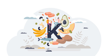 Potassium in food as natural mineral source for health tiny person concept, transparent background. Healthy eating with organic nutrients and vitamins illustration. Nutrition rich diet.