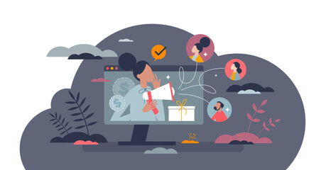 Referral customer with product recommendation to others tiny person concept, transparent background.Spreading positive feedback over social media sites illustration.