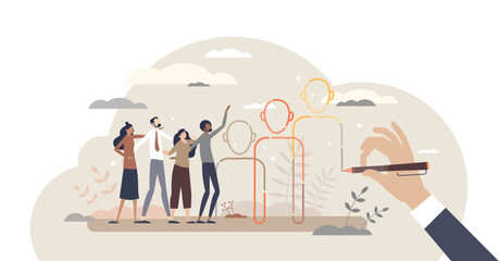 Social connection and business person group communication tiny person concept, transparent background. Friends, employees and colleagues standing together in unity illustration.