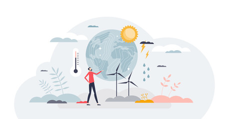 Fototapeta Climatology as knowledge about climate and weather tiny person concept, transparent background. Atmosphere patterns analyze and research with temperature, pressure. obraz