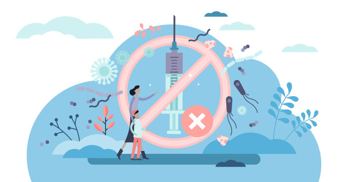 Anti Vaccination Movement, Child Health Awareness And Parents Rising Protests, Transparent Background. Flat Tiny Persons Concept Illustration. Drugs Threat To Society And Infants Health.