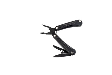 Multi use folding knife with several accessories isolated on white background