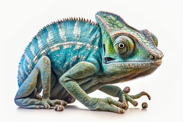 Obraz premium Crouching chameleon on a white backdrop. Generative AI