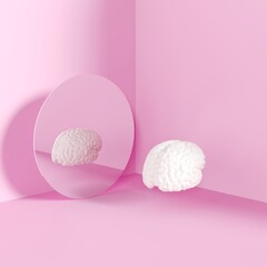 Brain on Reflection mirror put on pink corner isolate room studio. 3D Rendering minimal concept idea.
- 578921564