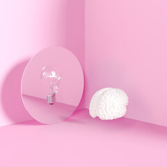 Light bulb idea concept reflection white brain color on mirror put on pink corner isolate room studio. 3D Rendering minimal concept idea.