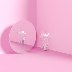 Lighting bulb idea concept reflection on mirror put on pink color corner isolate room studio. 3D Rendering minimal concept idea. - 578921587