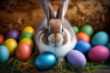 Happy Easter bunny with colorful easter eggs. Generative AI