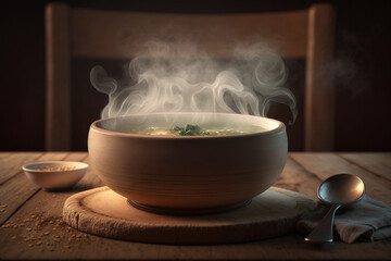 Bowl of steaming soup on a wooden table. Generative AI