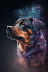 Beautiful Artistic Spiraling Galaxies Star and Iridescent Nebulae in Intricate Detail, Forming Shape of a Rottweiler dog Animal in Space with Smoke Misty Background (generative AI)