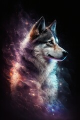 Beautiful Artistic Spiraling Galaxies Star and Iridescent Nebulae in Intricate Detail, Forming Shape of a Siberian Husky dog Animal in Space with Smoke Misty Background (generative AI)