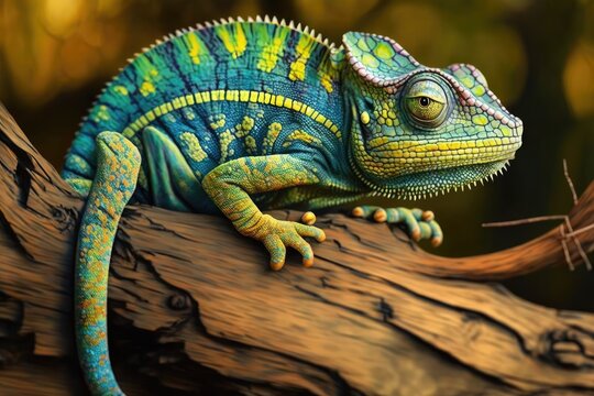 Panther chameleon on tree, Panther chameleon closeup, Panther chameleon on wood, Panther chameleon beauty. Generative AI