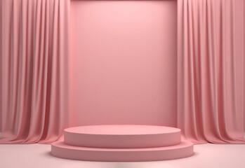 Empty pink podium with curtains for product display. Generative AI