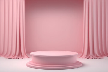 Empty pink podium with curtains for product display. Generative AI