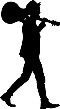 recommend clip art: Silhouette of guitarist holding his guitar on his shoulder while walking, Cutout of man walking with guitar in hand.